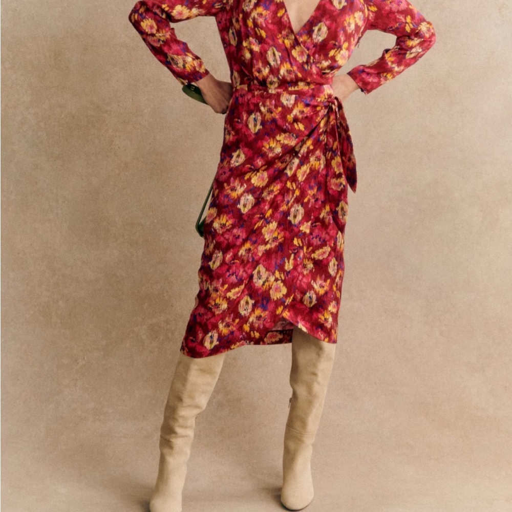 Sezane Red and Yellow Floral Long Sleeve Dress
